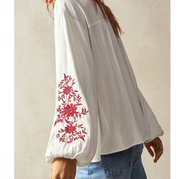 Plus Boho Floral Embroidered Square Neck Flounce Sleeve Blouse - Picture 5 of 6